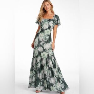 Sachin & Babi Sarya Gown in an emerald ikat floral print Wedding guest Formal 8